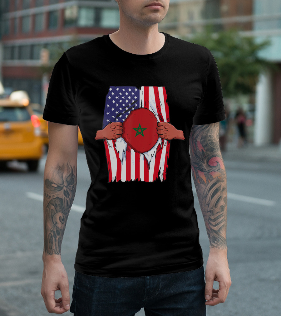 Morocco Flag Inside American Flag Home Pride Moroccan T-Shirt
