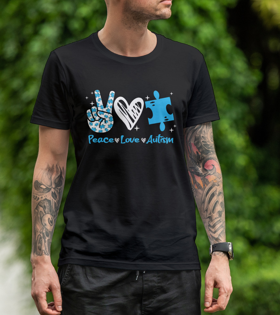 Peace Love Autism Awareness Blue Puzzle Piece T-Shirt