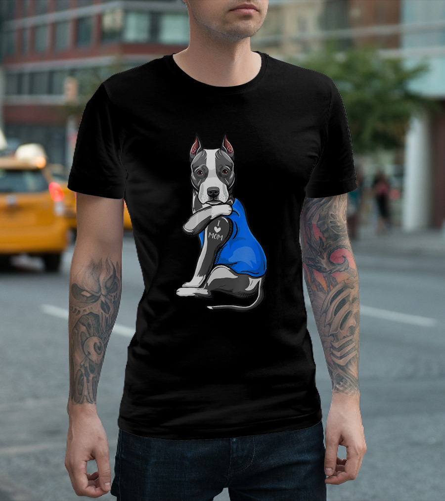 Pit Bull Dog I Love Mom Tattoo Blue T-Shirt