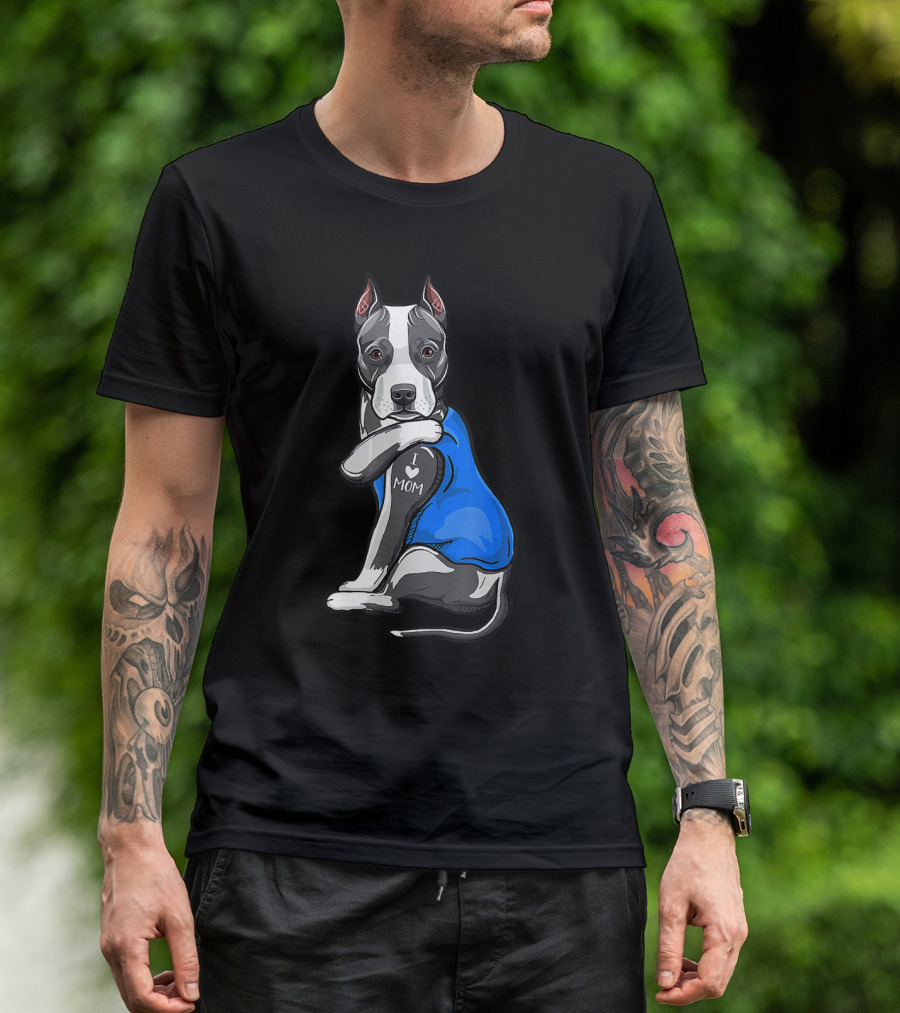 Pit Bull Dog I Love Mom Tattoo Blue T-Shirt