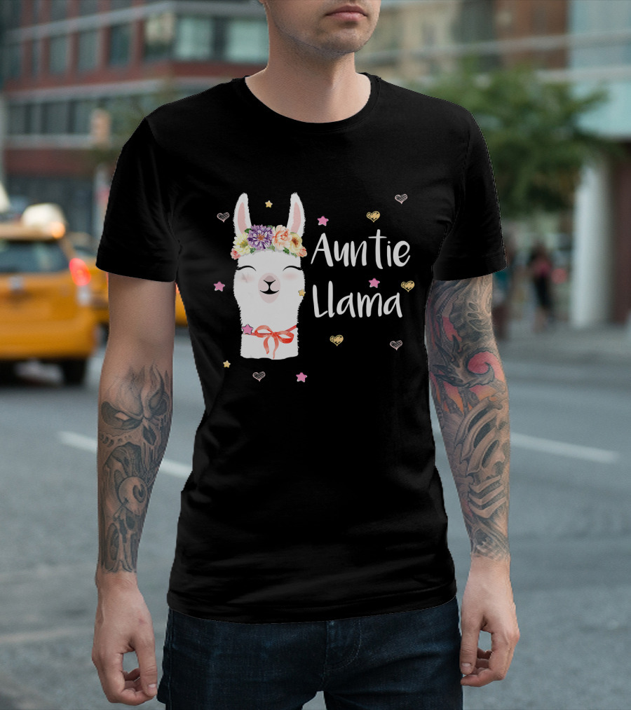Auntie Llama Cute Floral Crown and Stars for Llama Lovers T-Shirt