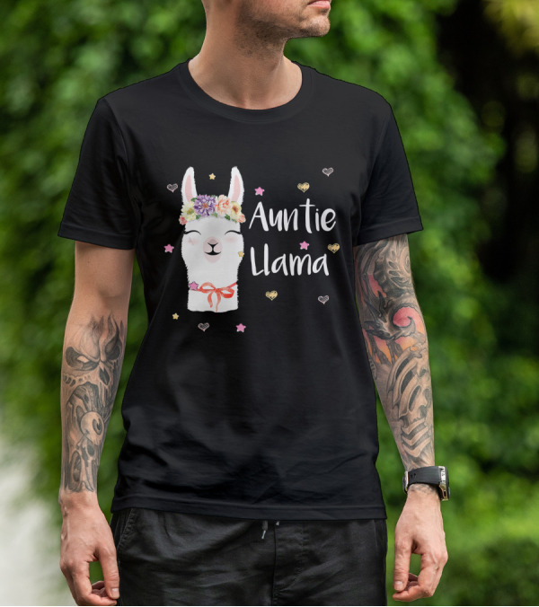Auntie Llama Cute Floral Crown And Stars For Llama Lovers T-Shirt