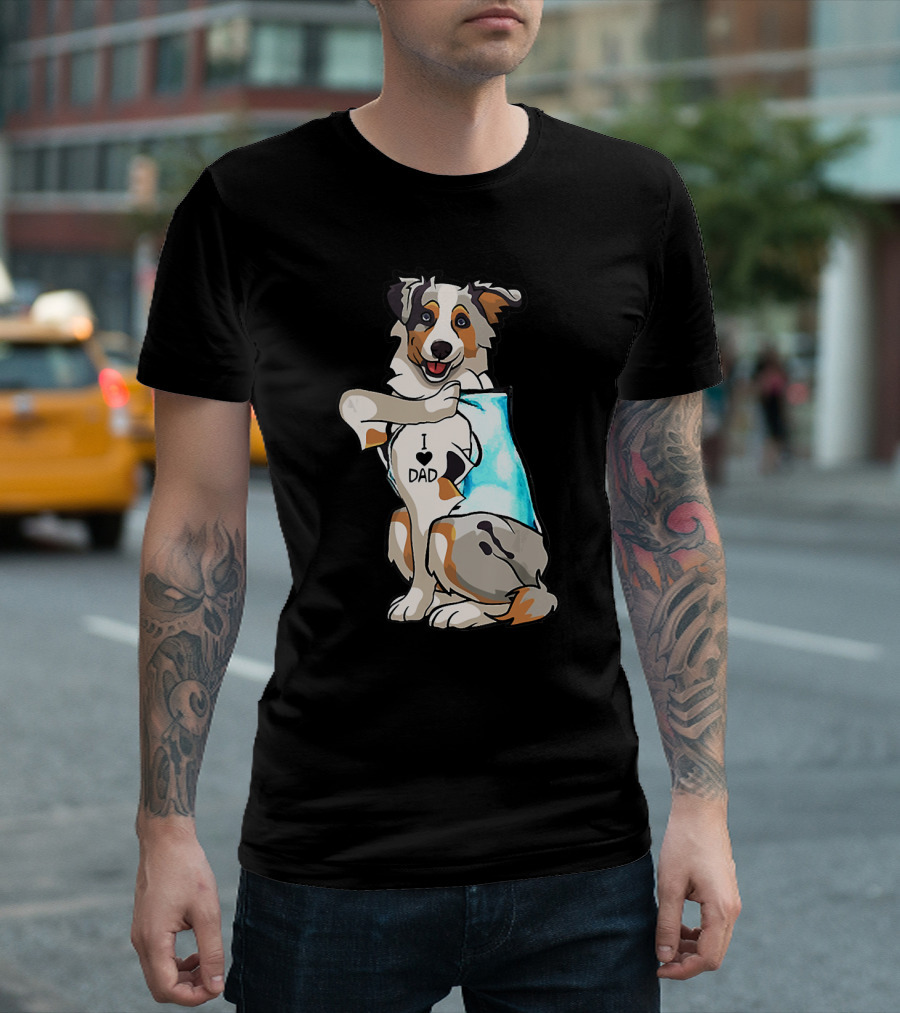 Australian Shepherd Dog I Love Dad Tattoo Paws Up T-Shirt