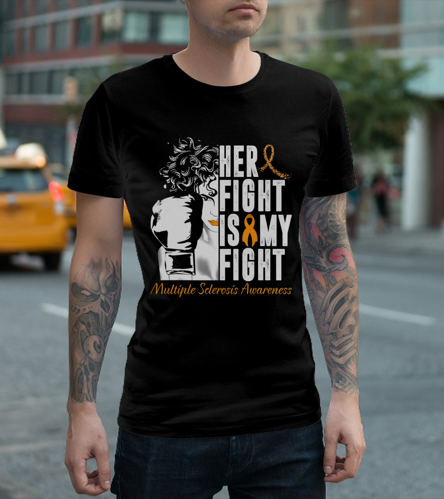 Her Fight Is My Fight Multiple Sclerosis Awareness Ribbon Boxing T-Shirt