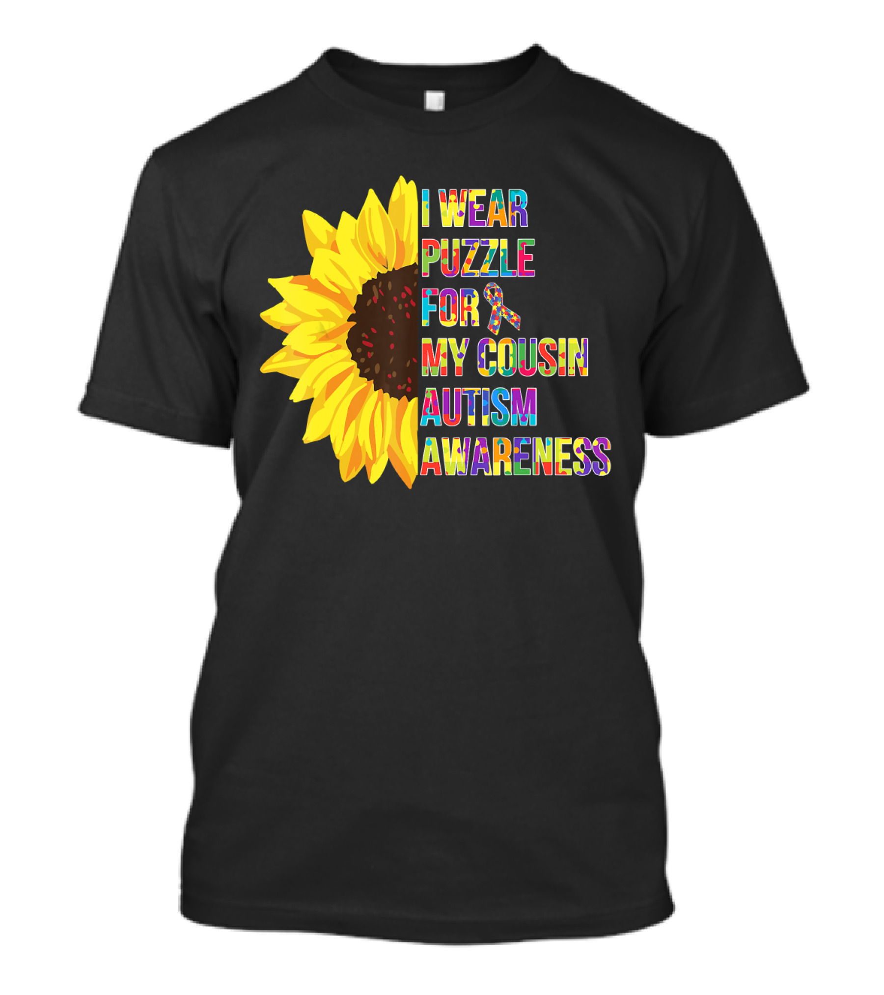 I Wear Puzzle For My Cousin Autism Awareness Sunflower T-Shirt