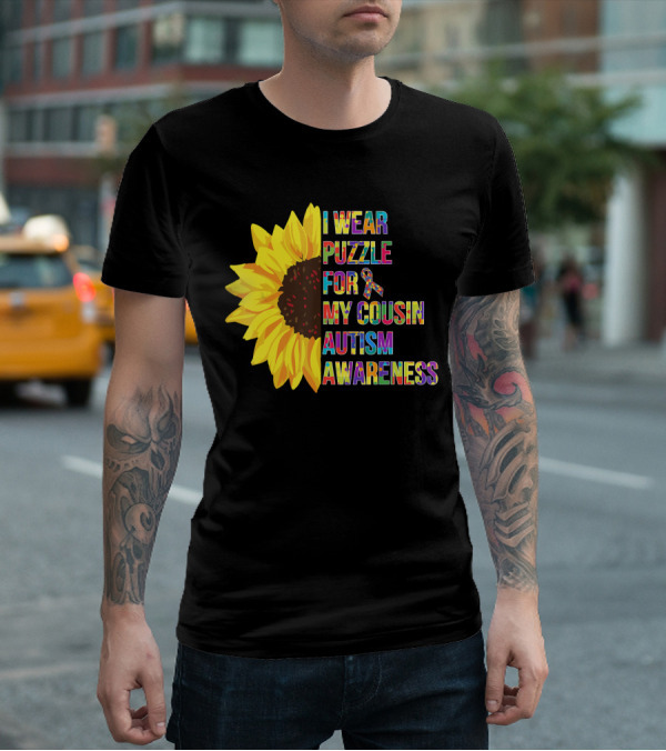 I Wear Puzzle For My Cousin Autism Awareness Sunflower T-Shirt