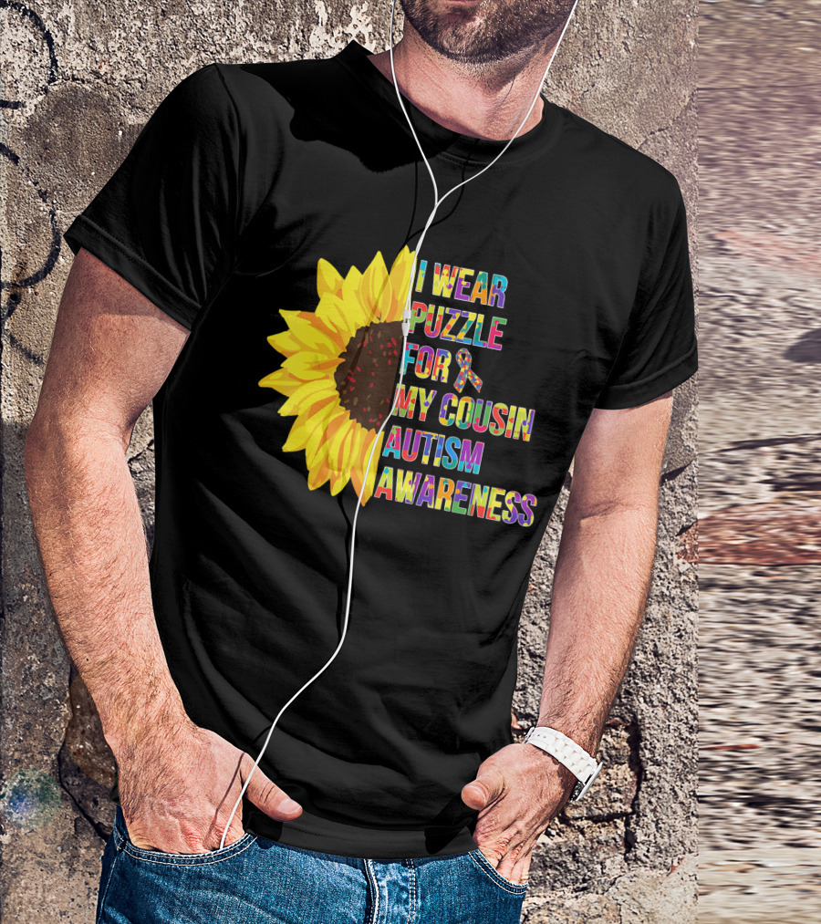 I Wear Puzzle For My Cousin Autism Awareness Sunflower T-Shirt