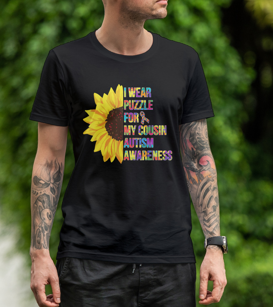 I Wear Puzzle For My Cousin Autism Awareness Sunflower T-Shirt