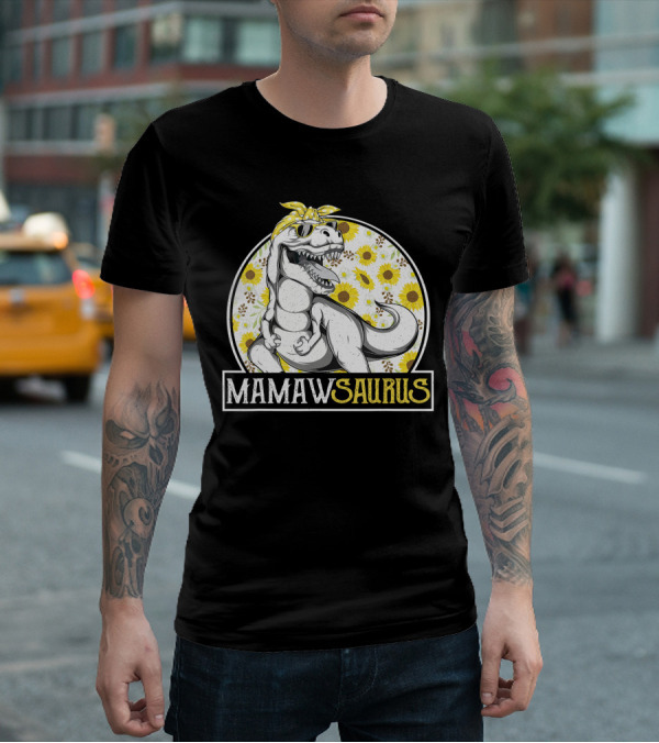 Mamaw Saurus Sunflower Dinosaur Grandma Fun Retro T-Rex T-Shirt