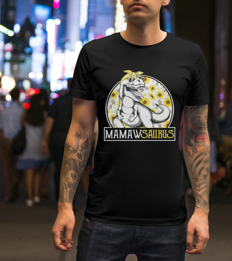 Mamaw Saurus Sunflower Dinosaur Grandma Fun Retro T-Rex T-Shirt