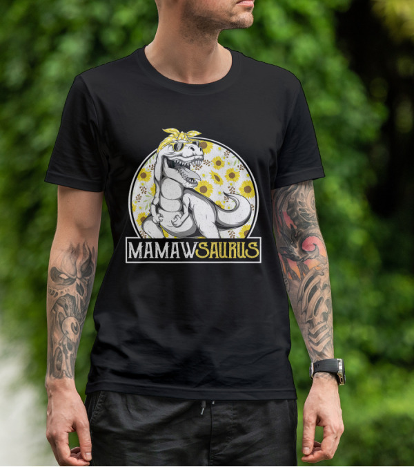 Mamaw Saurus Sunflower Dinosaur Grandma Fun Retro T-Rex T-Shirt