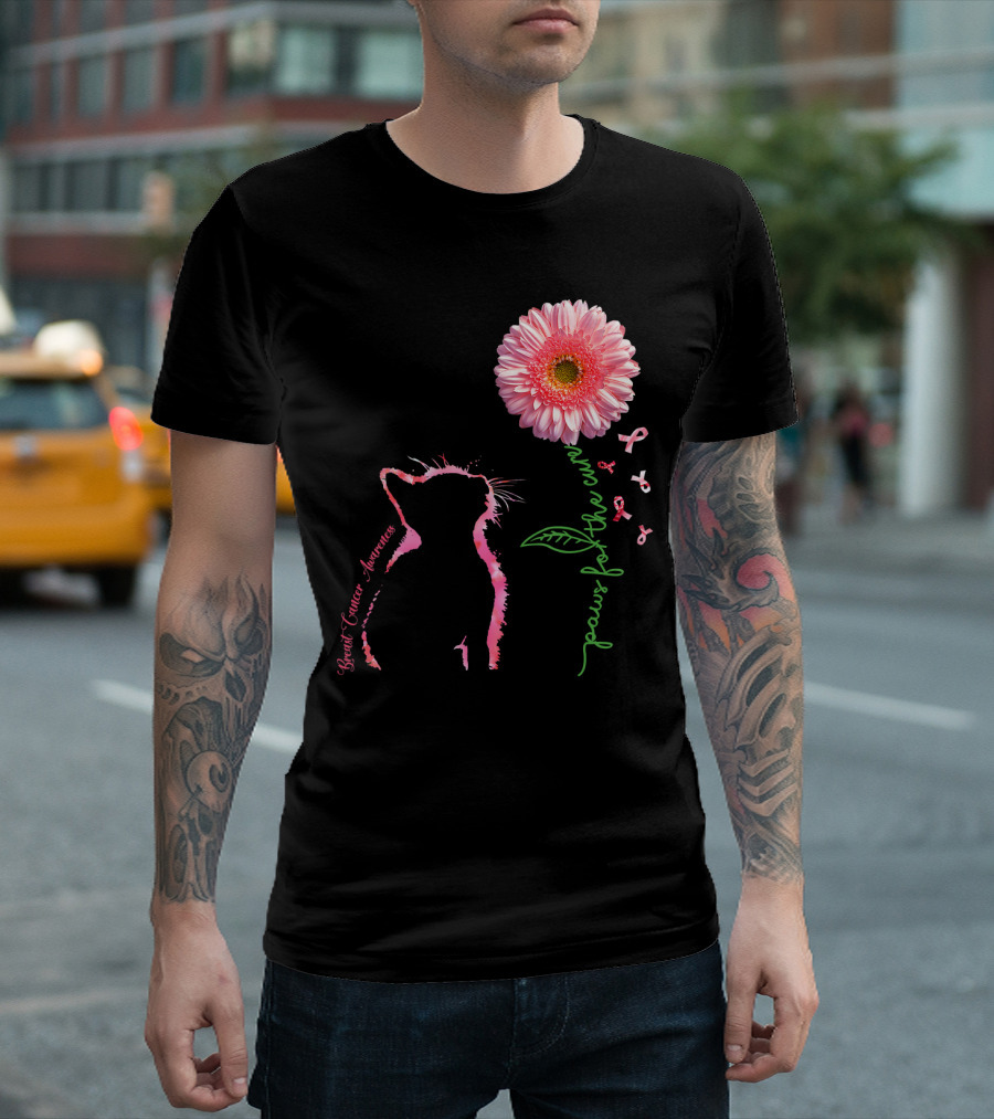 Paws For The Cure Breast Cancer Awareness Cat Pink Flower T-Shirt