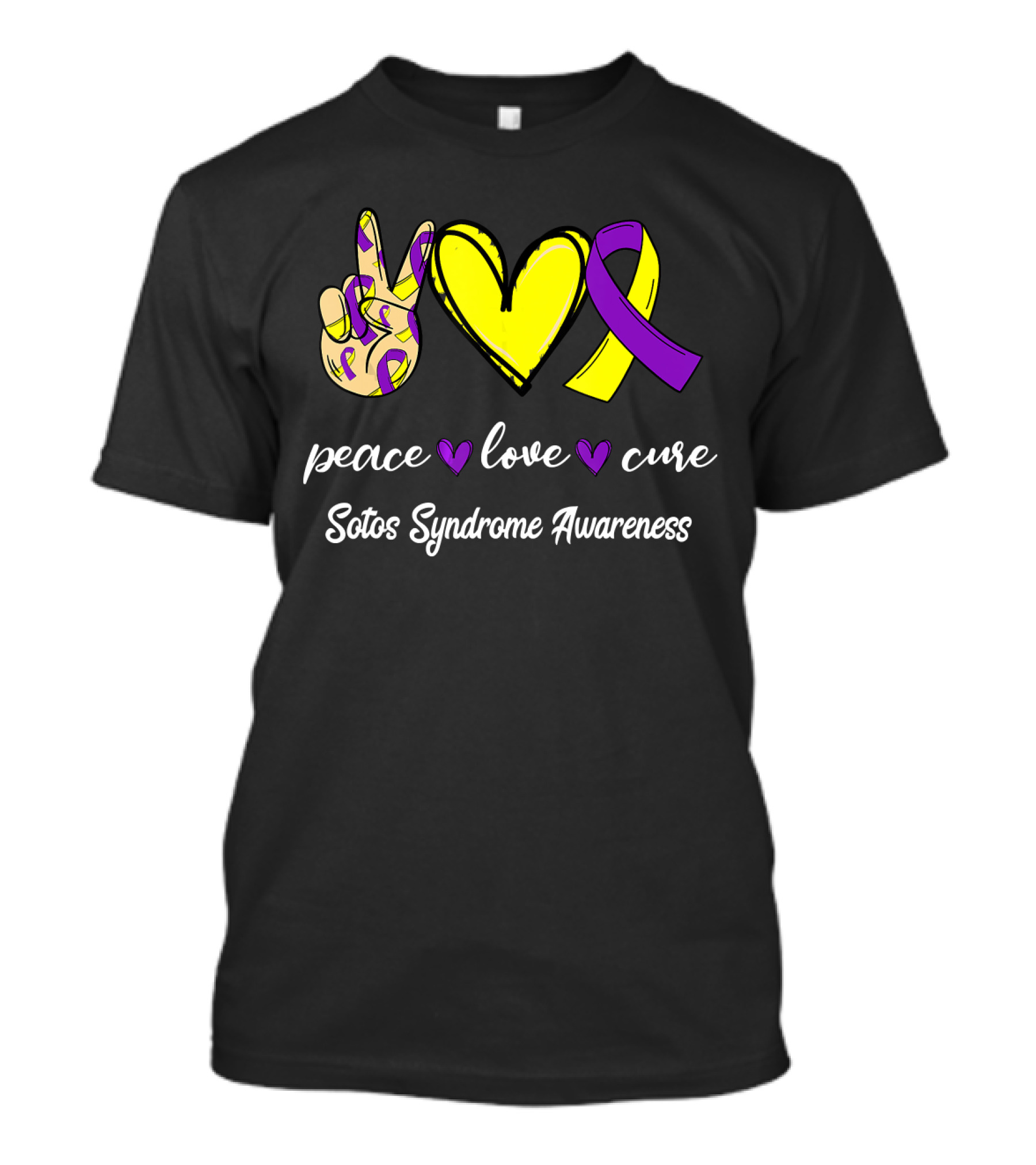 Peace Love Cure Yellow Heart Purple Ribbon Sotos Syndrome Awareness T-Shirt