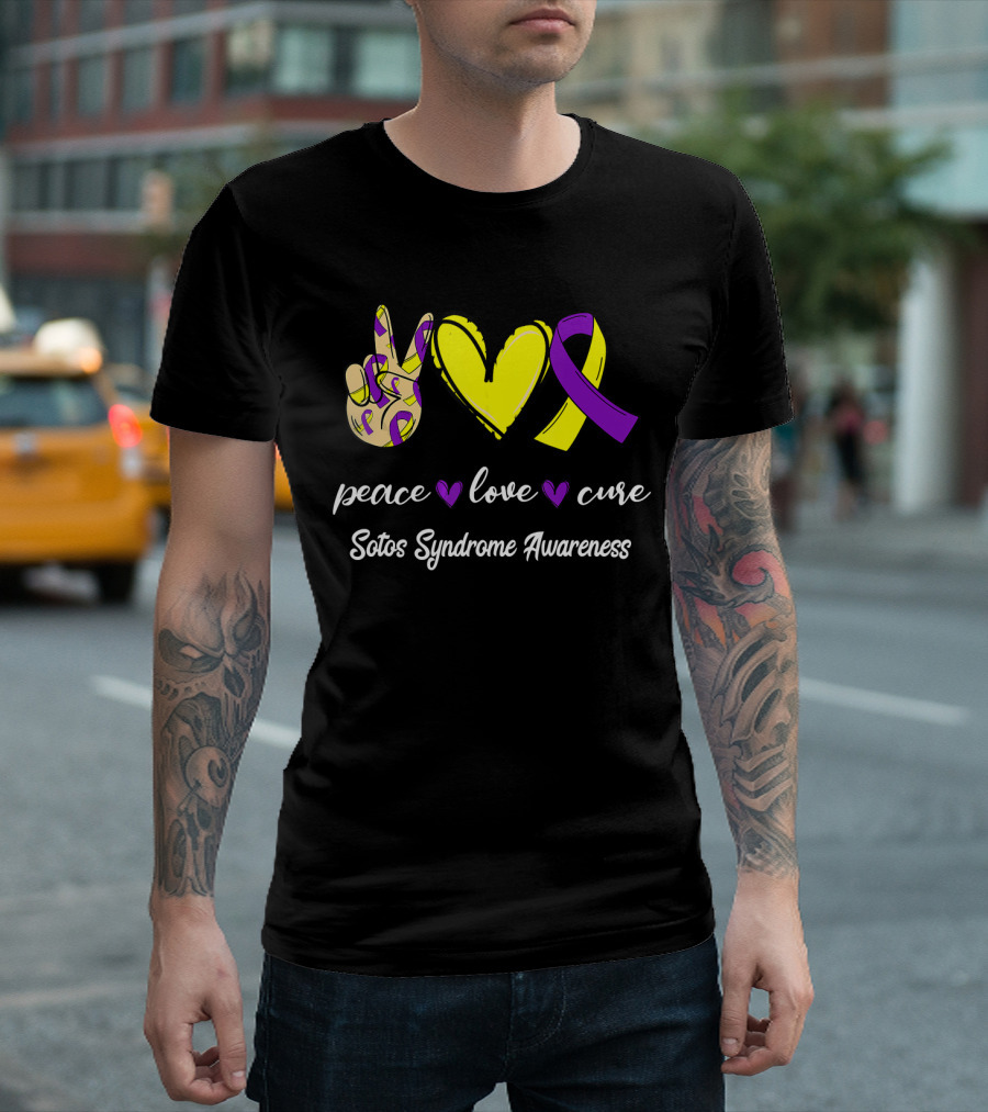 Peace Love Cure Yellow Heart Purple Ribbon Sotos Syndrome Awareness T-Shirt