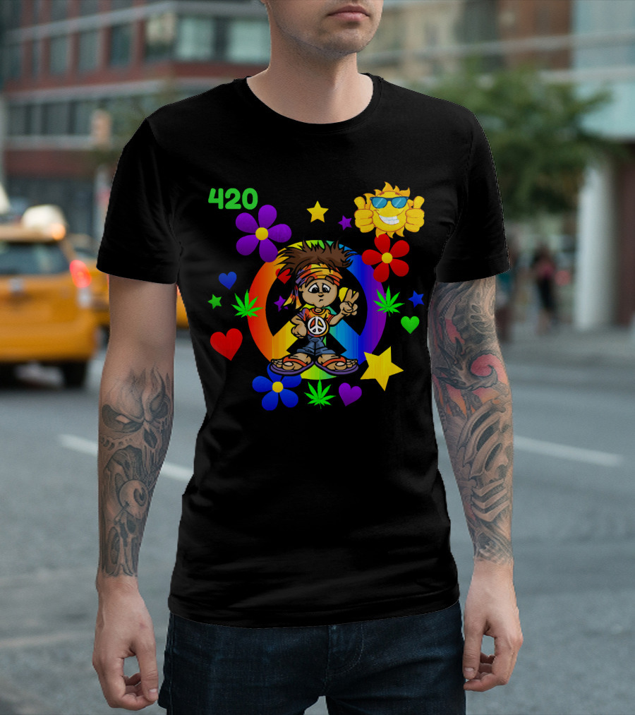 420 Peace Sign Hippie Cartoon with Sun and Colorful Flowers T-Shirt