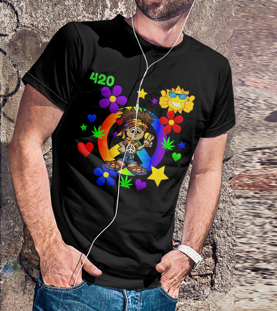 420 Peace Sign Hippie Cartoon With Sun And Colorful Flowers T-Shirt