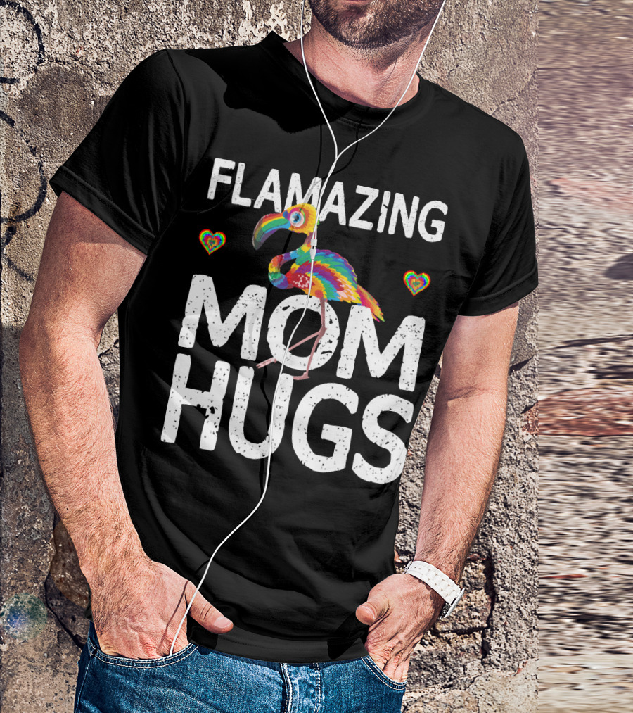 FLAMAZING MOM HUGS Colorful Rainbow Flamingo Hearts T-Shirt