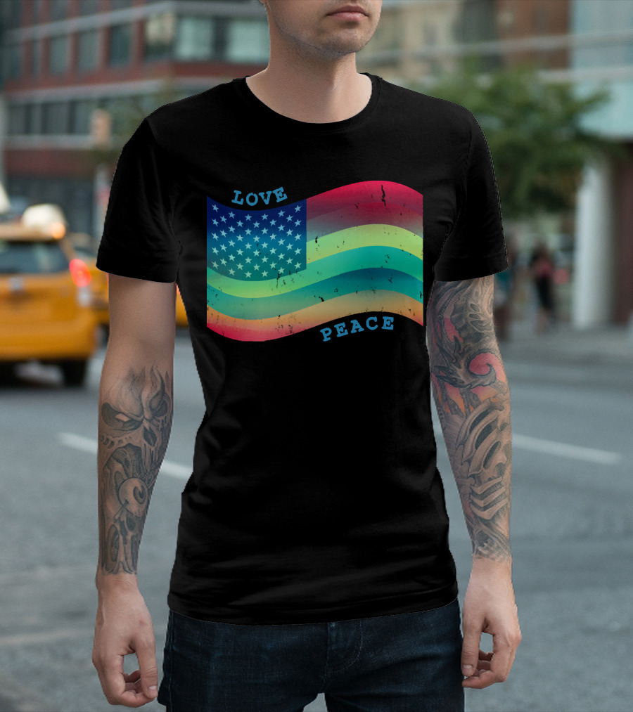 Love Peace Pride Rainbow American Flag T-Shirt