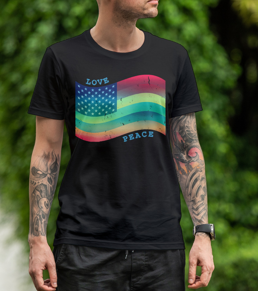 Love Peace Pride Rainbow American Flag T-Shirt