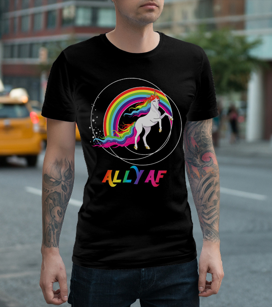 Rainbow Pride Ally AF Unicorn with Rainbow Pride Flag Colors T-Shirt