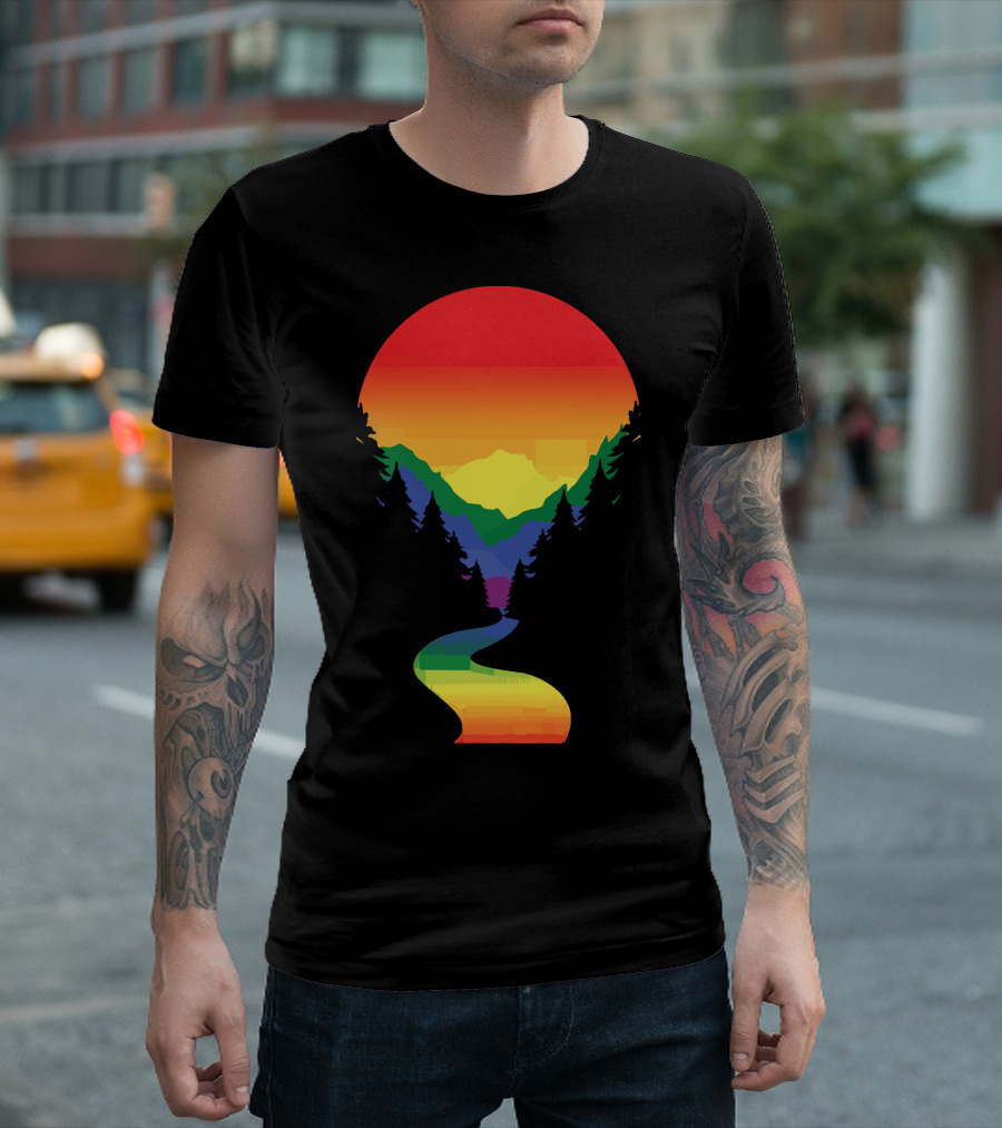 Rainbow Pride Sunset Silhouette Mountains Forest Pathway T-Shirt
