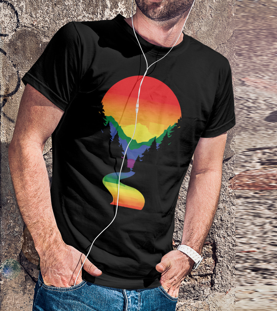 Rainbow Pride Sunset Silhouette Mountains Forest Pathway T-Shirt