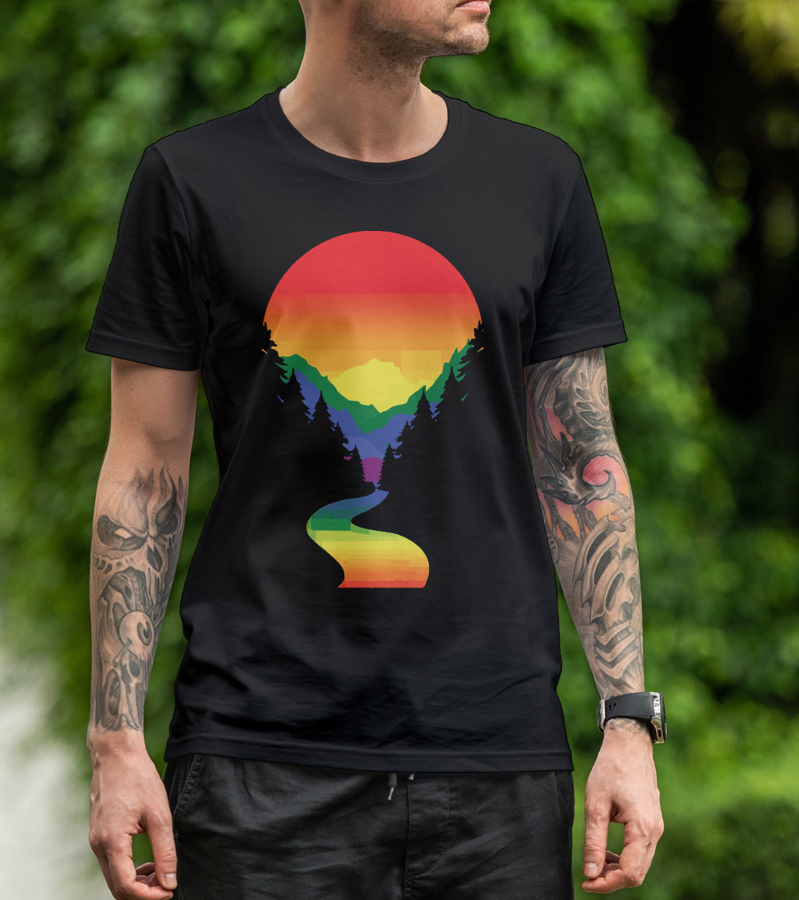 Rainbow Pride Sunset Silhouette Mountains Forest Pathway T-Shirt