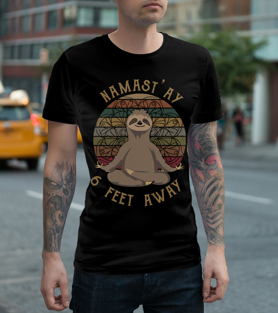 Namast'ay 6 Feet Away Retro Sunset Sloth Yoga Meditation T-Shirt