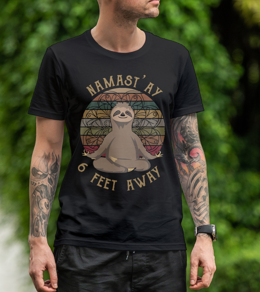 Namast'ay 6 Feet Away Retro Sunset Sloth Yoga Meditation T-Shirt