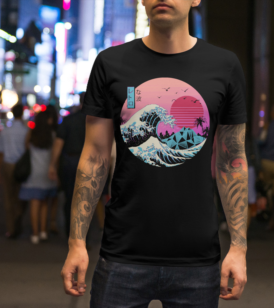 Retro Wave: The Great Sunset Surf With Palm Trees And Geometric Mountains T-Shirt