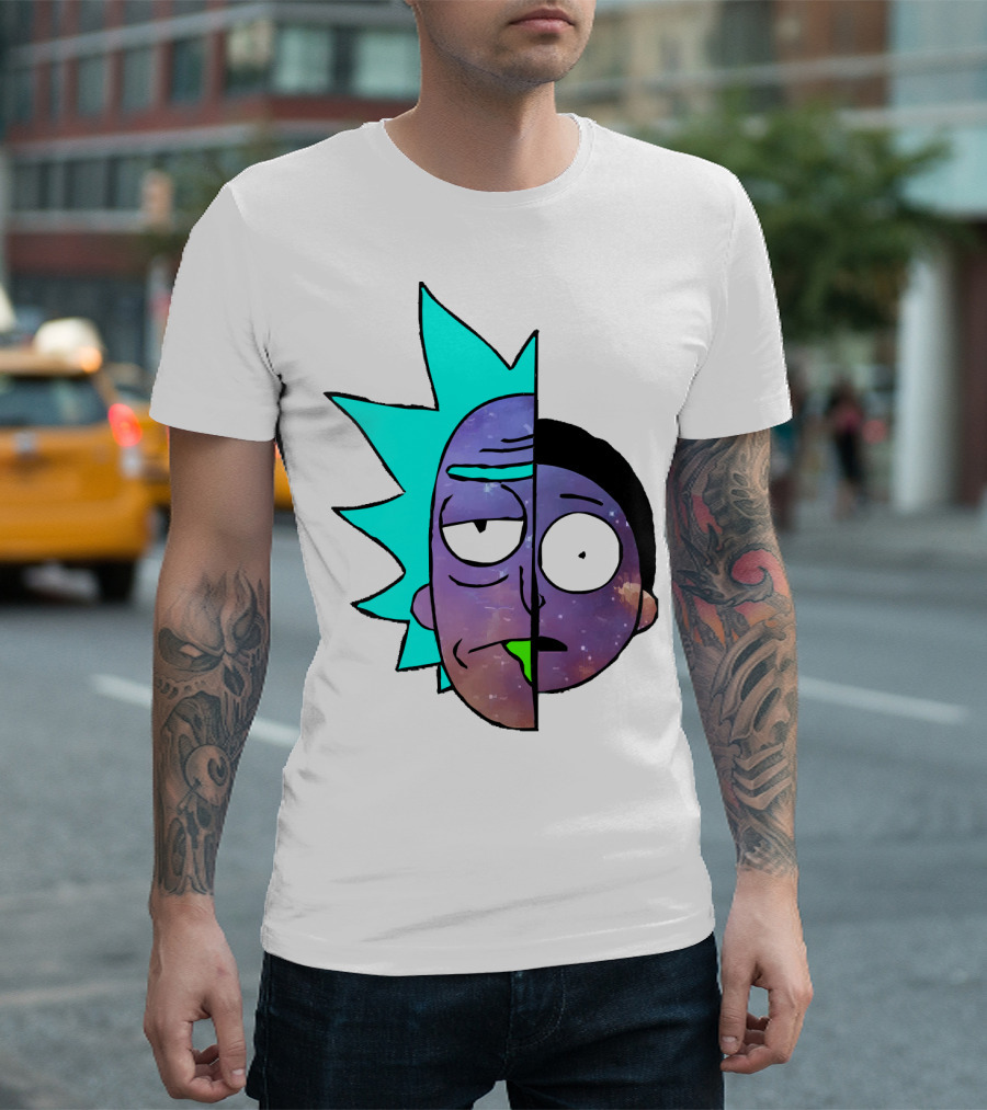 Galactic Rick And Morty Faces Cosmic Split Large T-Shirt