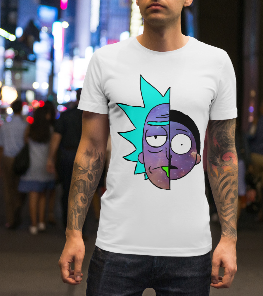 Galactic Rick And Morty Faces Cosmic Split Large T-Shirt