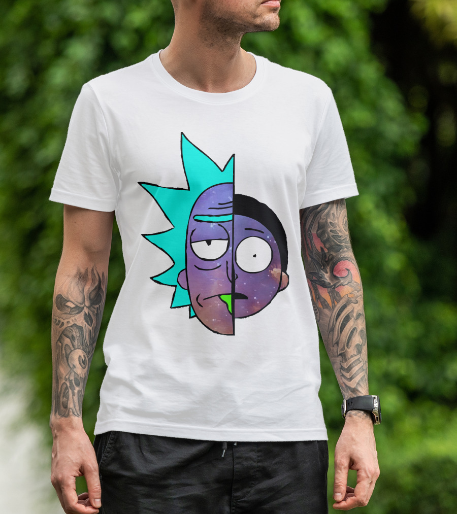 Galactic Rick And Morty Faces Cosmic Split Large T-Shirt