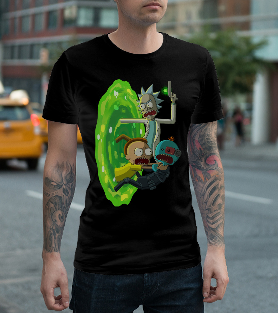 Rick and Morty Portal Escape with Meeseeks Cyborg Adventure T-Shirt