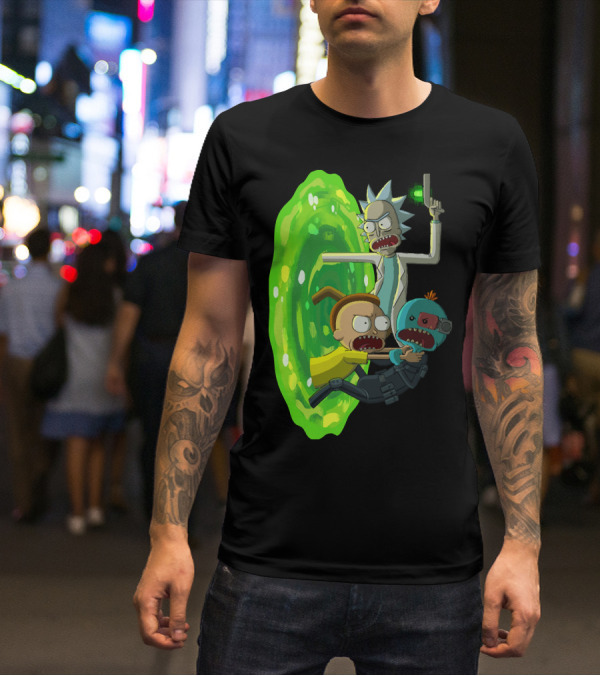 Rick And Morty Portal Escape With Meeseeks Cyborg Adventure T-Shirt