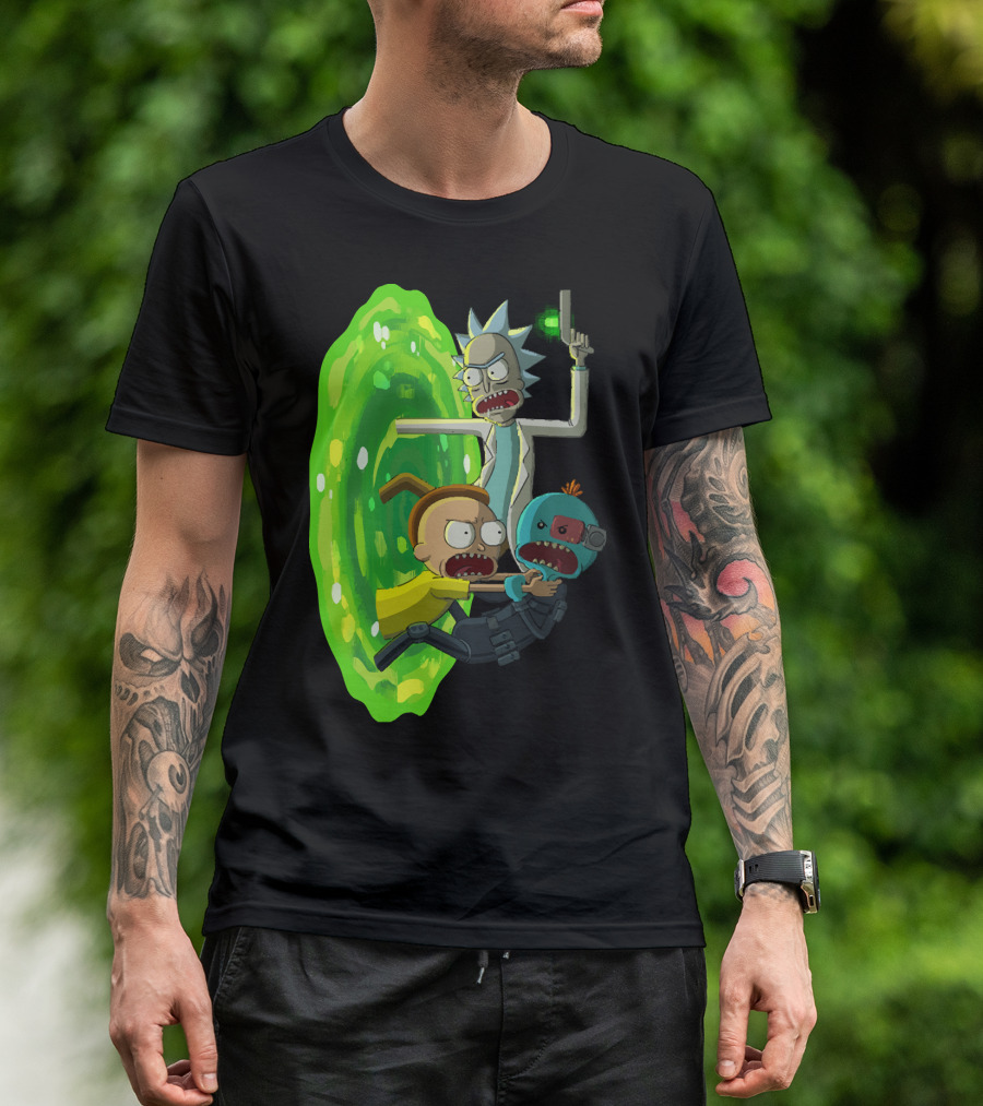 Rick And Morty Portal Escape With Meeseeks Cyborg Adventure T-Shirt