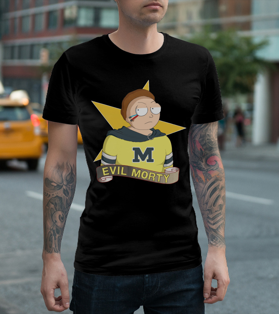 Evil Morty M Star Patch and Scroll Banner T-Shirt