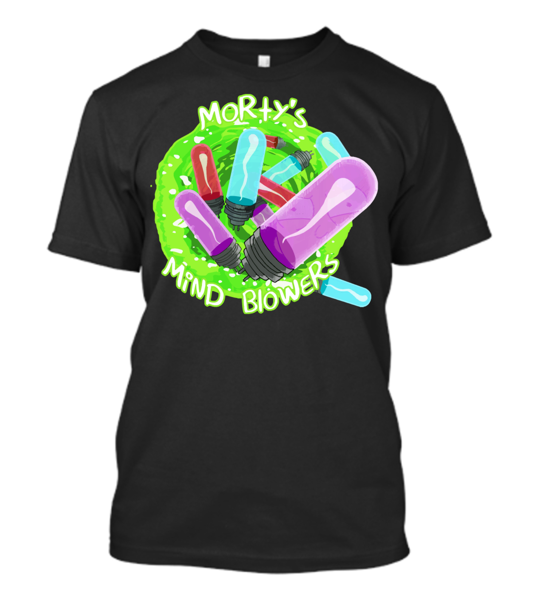 Morty's Mind Blowers Colorful Vials In Green Portal T-Shirt