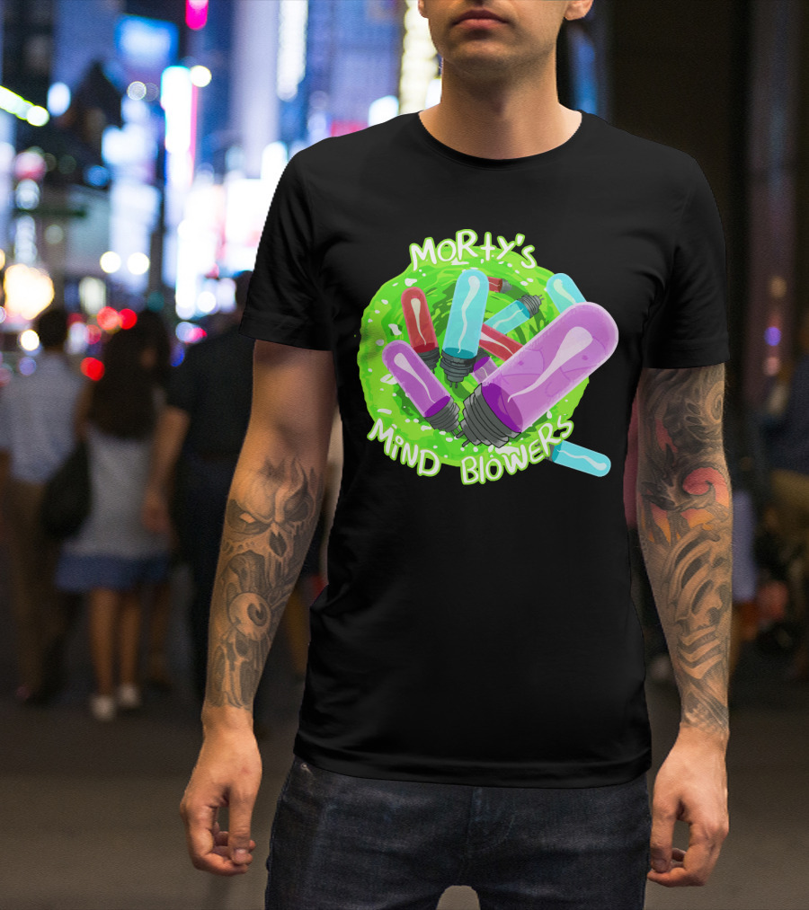 Morty's Mind Blowers Colorful Vials In Green Portal T-Shirt