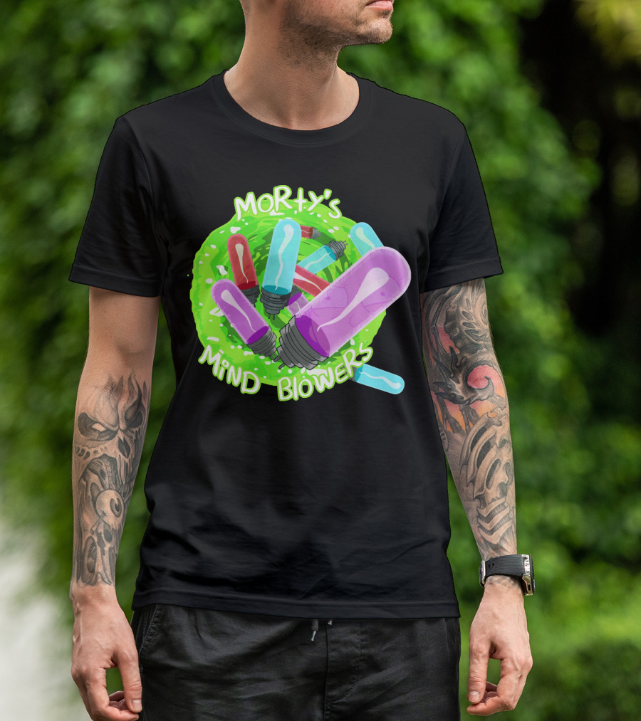 Morty's Mind Blowers Colorful Vials In Green Portal T-Shirt