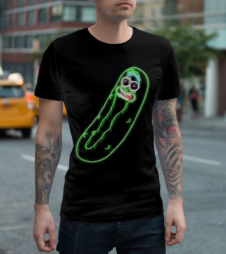 Neon Pickle Rick Left Pocket Glowing Expression T-Shirt