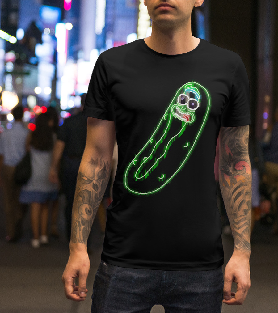 Neon Pickle Rick Left Pocket Glowing Expression T-Shirt