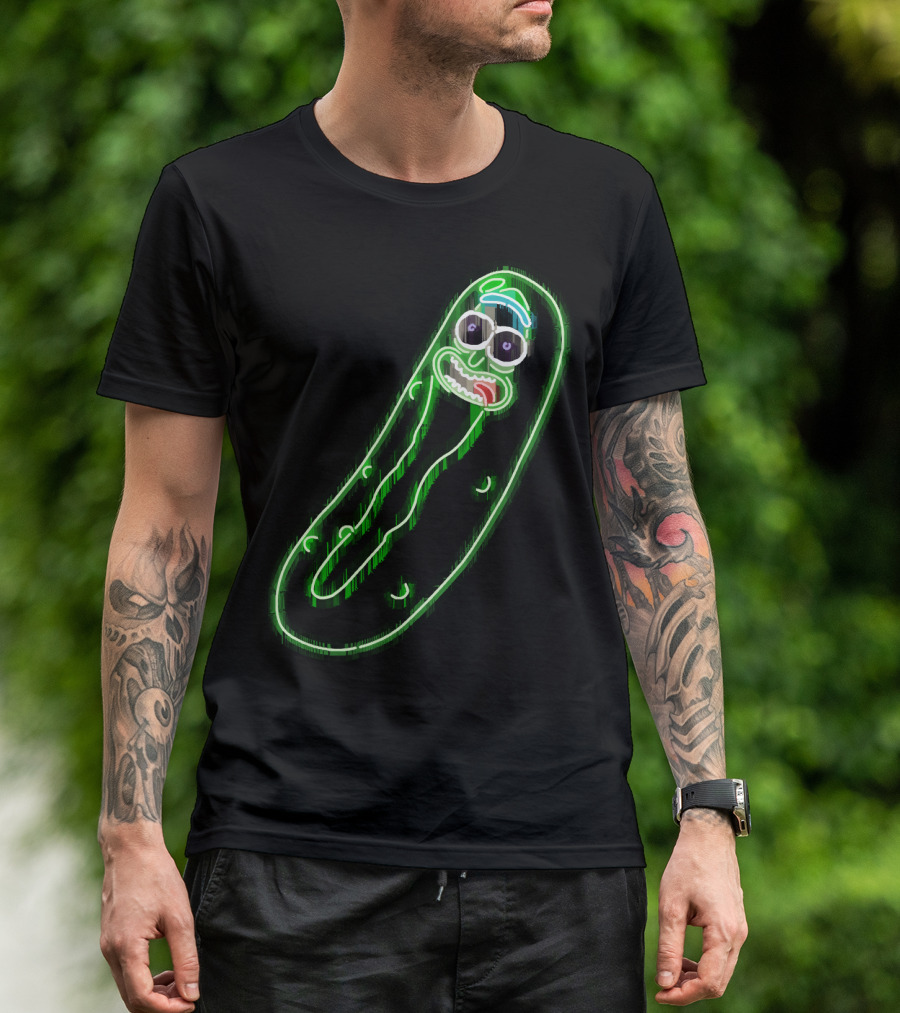 Neon Pickle Rick Left Pocket Glowing Expression T-Shirt