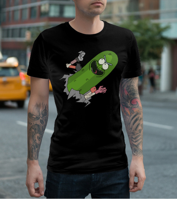 Pickle Rick Breaking Through Punching Action T-Shirt