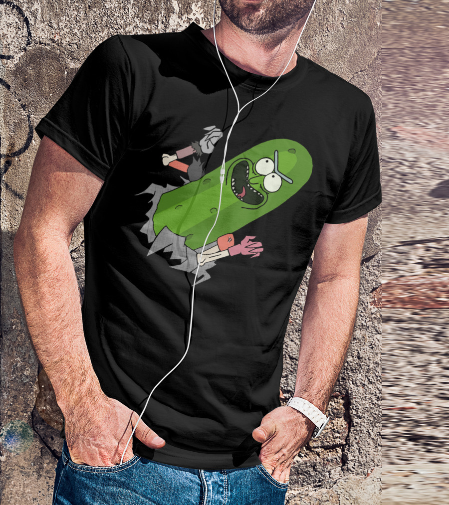 Pickle Rick Breaking Through Punching Action T-Shirt
