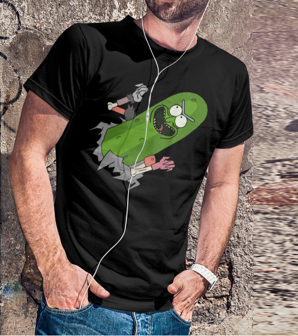 Pickle Rick Breaking Through Punching Action T-Shirt
