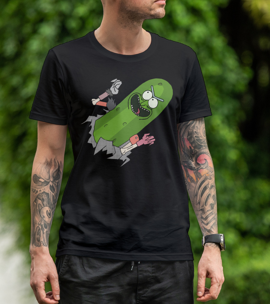 Pickle Rick Breaking Through Punching Action T-Shirt