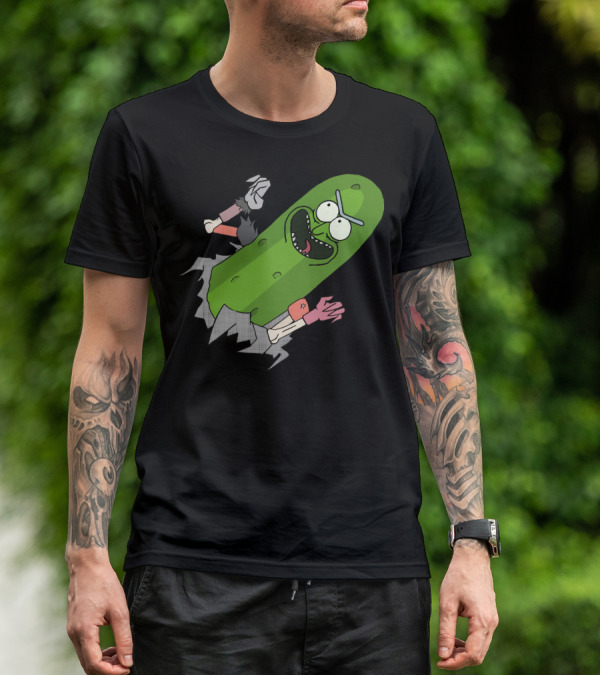 Pickle Rick Breaking Through Punching Action T-Shirt