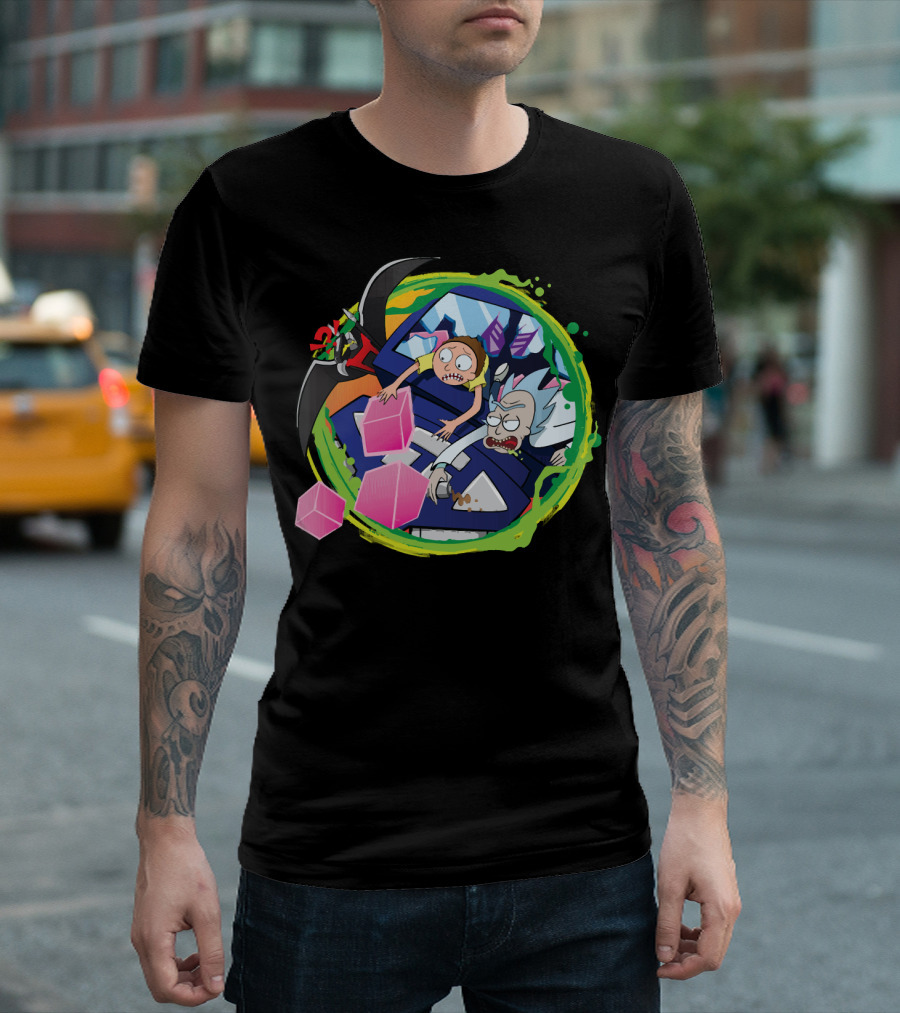 Rick and Morty in Cyber Portal Adventure with Pink Cubes and Alien Figures T-Shirt