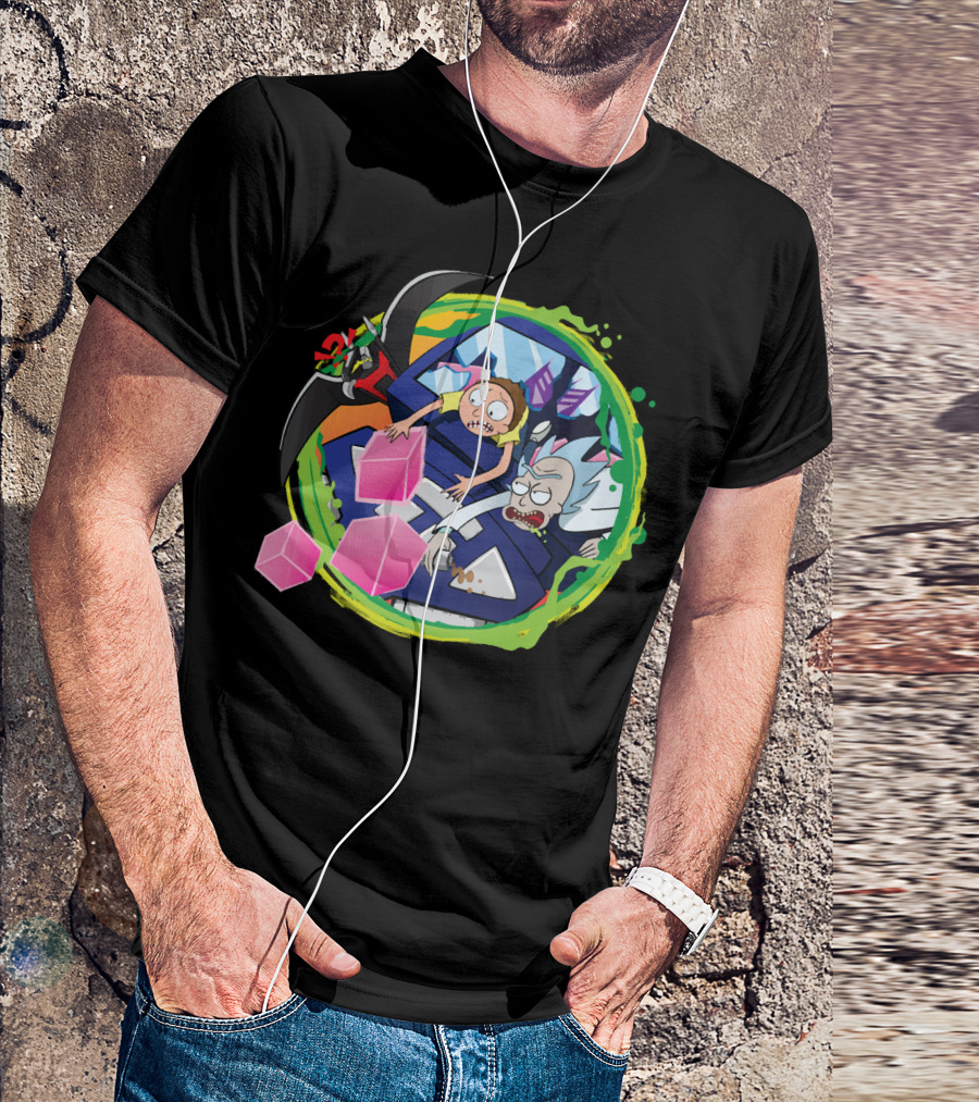 Rick And Morty In Cyber Portal Adventure With Pink Cubes And Alien Figures T-Shirt